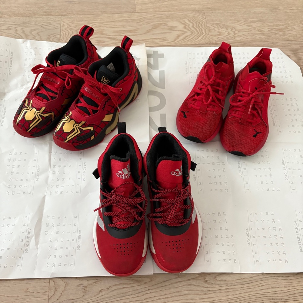 Boys Red Sneakers/Shows x3 Combo - Size 4, 5, & 6 Youth (Boys) - Adidas & Puma